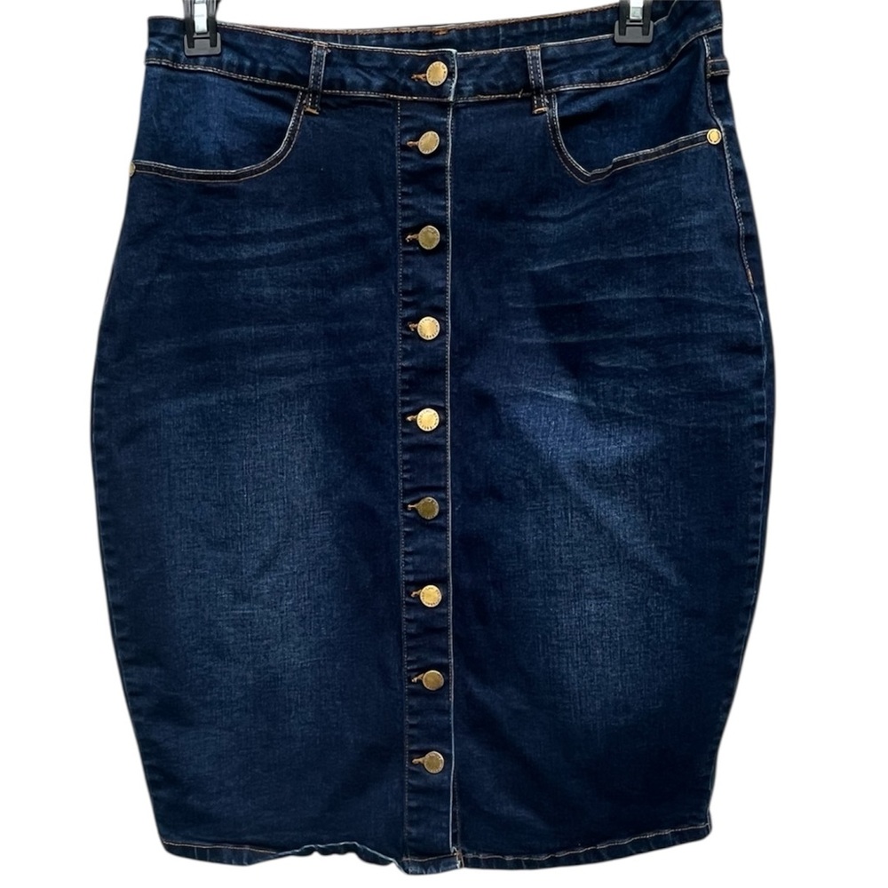 City Chic Dark Blue Denim Pencil Midi Skirt Size 16 (34” waist) Pockets Y2K